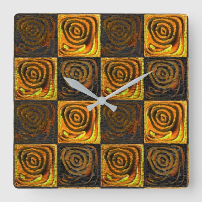 Gelbliche Quadrate und Kreise in rustikalen Mosaik Quadratische Wanduhr (Vorderseite)