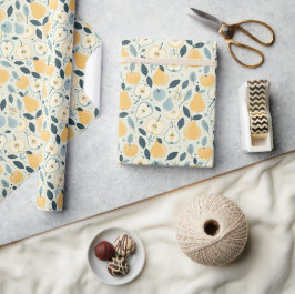 Gelbliches Birnen- und Blattfruchtmuster-Design. Geschenkpapier