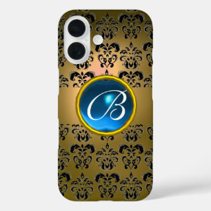 GELBLICHES BLACK DAMASK BLUE GEMSTONE MONOGRAMM iPhone 16 HÜLLE