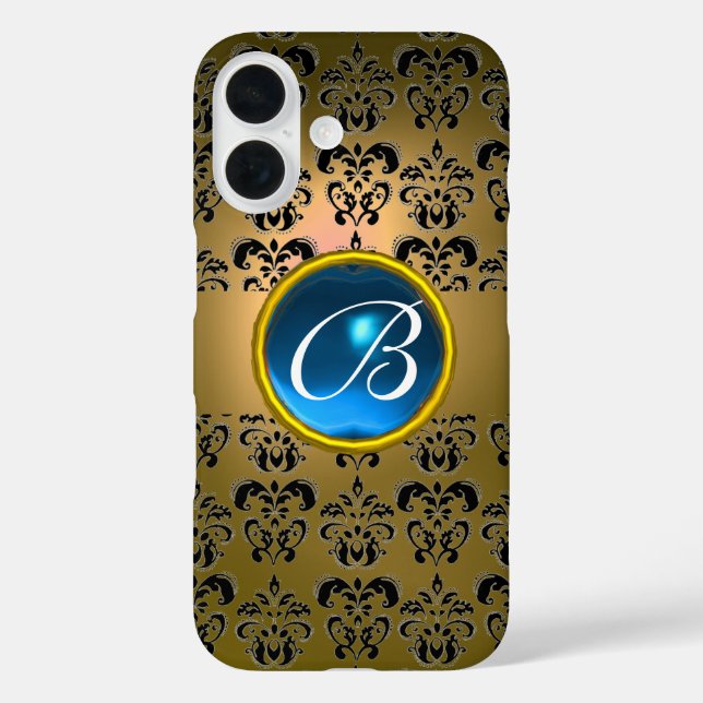 GELBLICHES BLACK DAMASK BLUE GEMSTONE MONOGRAMM Case-Mate iPhone HÜLLE (Rückseite)