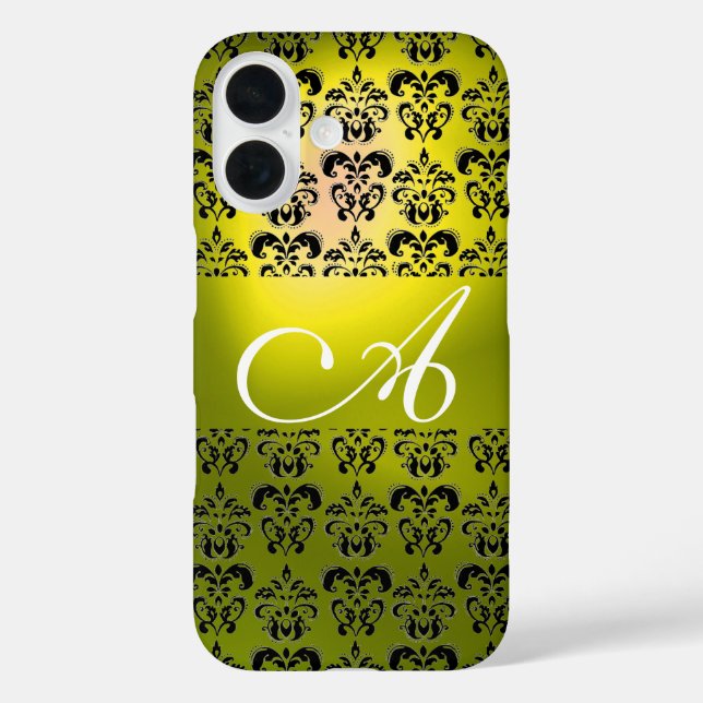 GELBLICHES SCHWARZES DAMASK-MONOGRAMM Case-Mate iPhone HÜLLE (Rückseite)