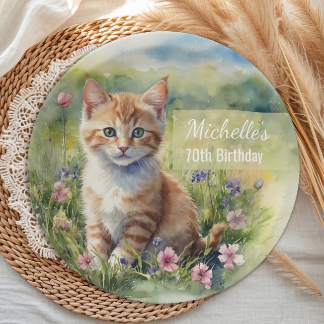 Gelborange getigerte Kätzchen-Katze 70. Geburtstag Pappteller (Cat 70th birthday party paper plate)