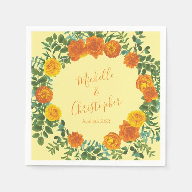 Gelborange Hochzeitsflorale Rose Serviette (Vorderseite)