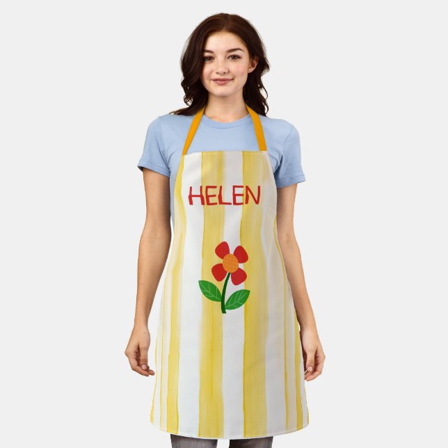Gelborange Streifen, BoHo-Blume Schürze (Getragen)