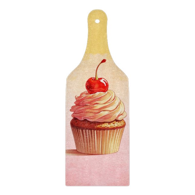 Gelbrosa Vintage Cherry Cupcake Schneidebrett (Vorderseite)