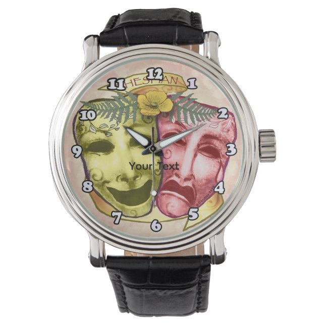 Gelbrote Schauspielermasken Armbanduhr (Vorderseite)
