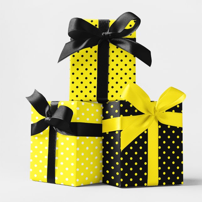 Gelbschwarz und Weiß Polka Dot Bee Mix Geschenkpapier Set (Yellow Black and White Polka Dot Bee Mix Wrapping Paper Sheets)