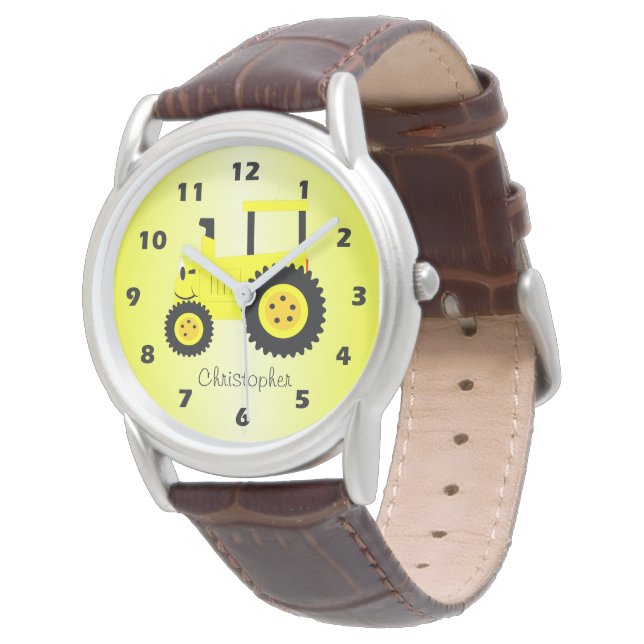 Gelbtraktor-Design personalisiert Armbanduhr (Schrägansicht)