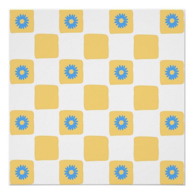 Gelbweiß mit blauem Blume-Muster Poster (Vorderseite)
