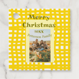 Gelbweiße karierte Retro Weihnachtsfamilie Geschenkanhänger