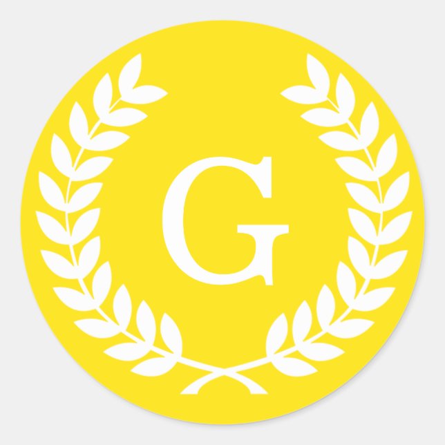 Gelbweiße Laurel Wreath Initial Monogram Runder Aufkleber (Vorderseite)