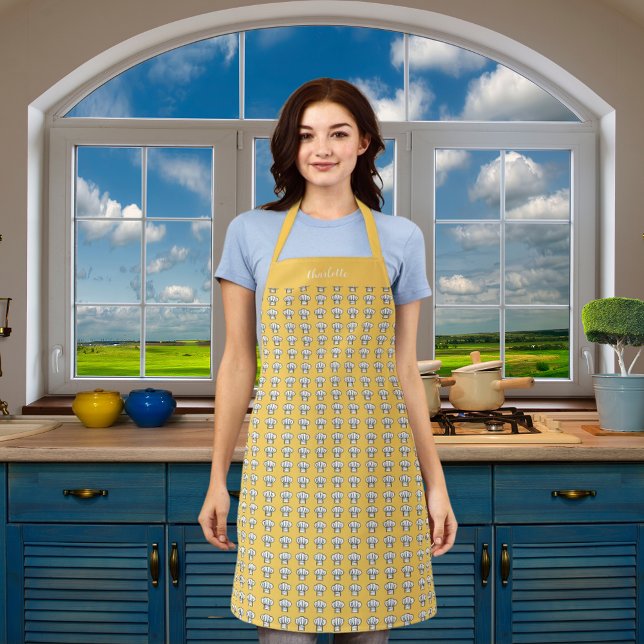 Gelbweißer Koch trägt den Musternamen Schürze (Von Creator hochgeladen)