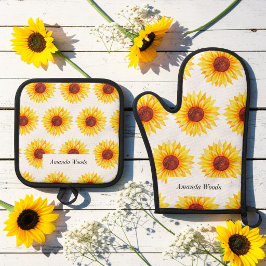 Gelbweißer Sonnenblumenschimmer Ofenhandschuh & Topflappen-Set