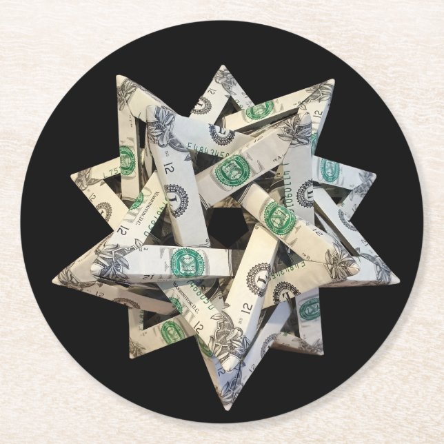 Geld Origami Fünf sich schneidende Tetraeder Runder Pappuntersetzer (Vorderseite)