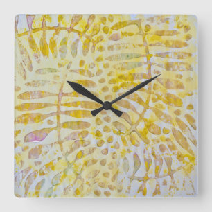 Gelli Printed Golden Blätter Quadratische Wanduhr