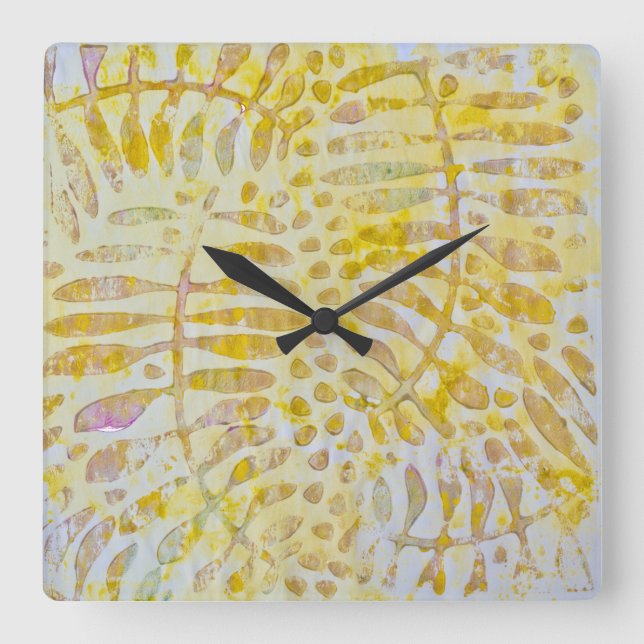 Gelli Printed Golden Blätter Quadratische Wanduhr (Vorderseite)