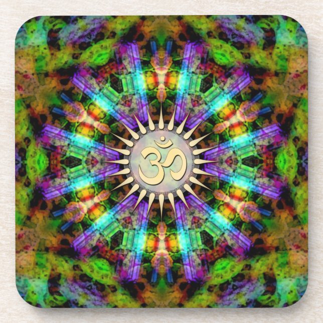 Gem Mandala Golden Om Spirituelle Kunst : Set von  Getränkeuntersetzer (Vorderseite)