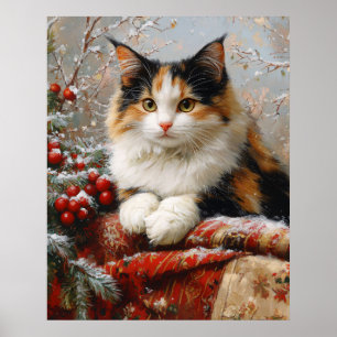 Gemälde einer dreifarbigen Katze in einer Wintersz Poster