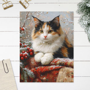 Gemälde einer dreifarbigen Katze in einer Wintersz Postkarte