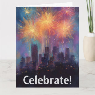Gemälde einer Stadt-Silhouette unter Feuerwerk Karte