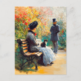 Gemälde im Garten mit Katze auf dem Sprung Postkarte