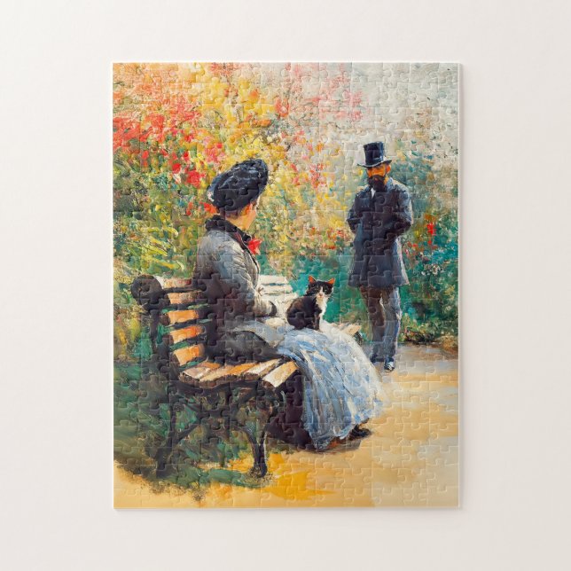 Gemälde im Garten mit Katze auf dem Sprung Puzzle (Vertikal)