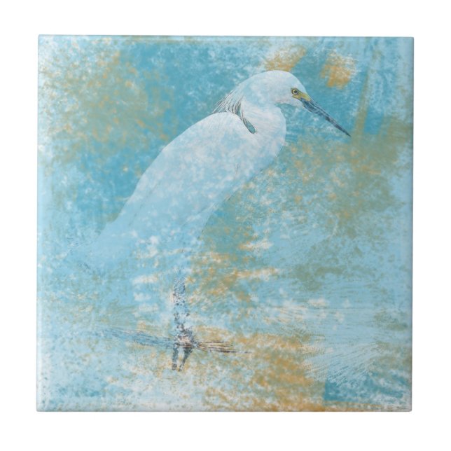 Gemälde Snowy Egret Small Square Tile Fliese (Vorderseite)