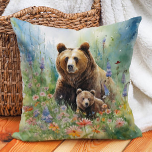 Gemälde von Mutter Grizzlybär-Jungtier und Blumen Kissen