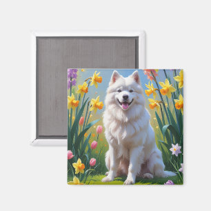 Gemälde von Samoyed Dog Spring Blumen Magnet