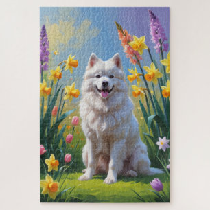 Gemälde von Samoyed Dog Spring Blumen Puzzle