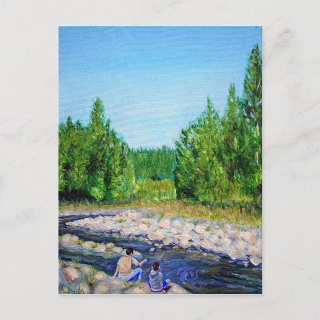 Gemälde von Vater und Sohn beim Angeln Postkarte (Vorderseite)
