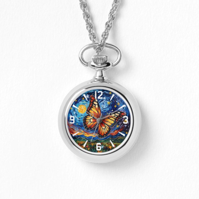 Gemäldete Butterfly Starry Night Sky Elegante Frau Armbanduhr (Vorderseite)