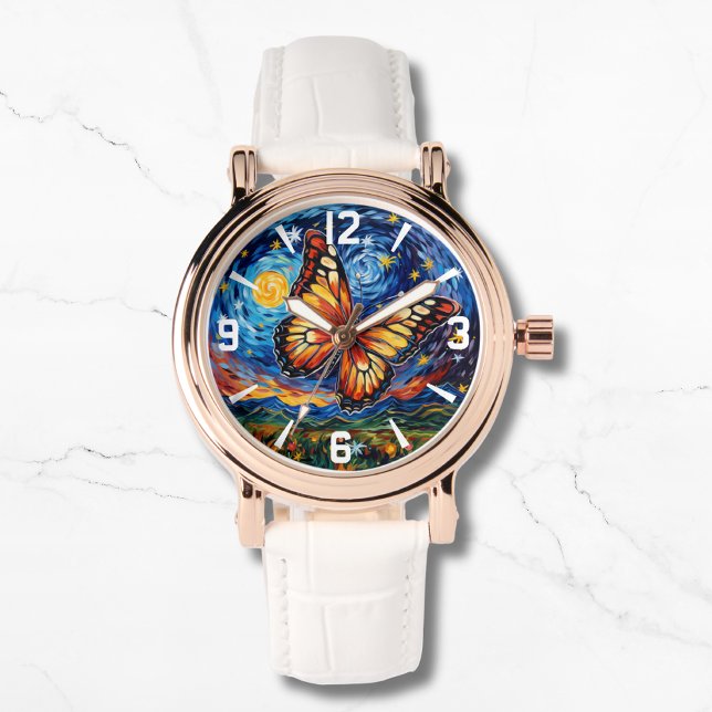Gemäldete Butterfly Starry Night Sky Elegante Frau Armbanduhr (Von Creator hochgeladen)