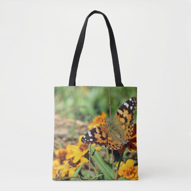 Gemäldete Lady Butterfly auf Zinnia Tote Bag (Vorderseite)