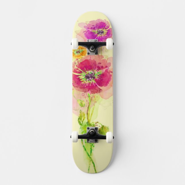 Gemalte Aquarellmohnblumen 2 Skateboard (Vorderseite)