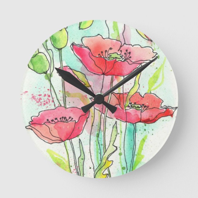 Gemalte Aquarellmohnblumen Runde Wanduhr (Vorderseite)