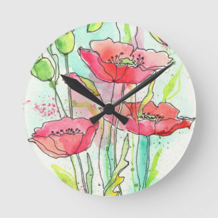 Gemalte Aquarellmohnblumen Runde Wanduhr