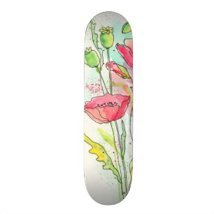 Gemalte Aquarellmohnblumen Skateboard