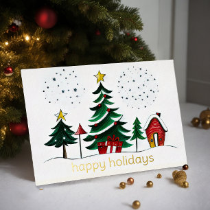 Gemalte Bäume und häusliche glückliche Tage Folien Feiertagskarte