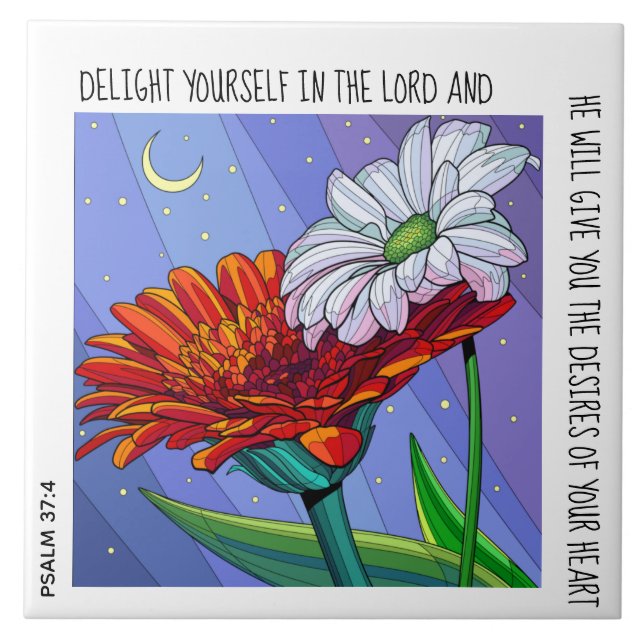 Gemalte Blume mit Vers Psalm 37:4 Keramik Tile Fliese (Vorderseite)
