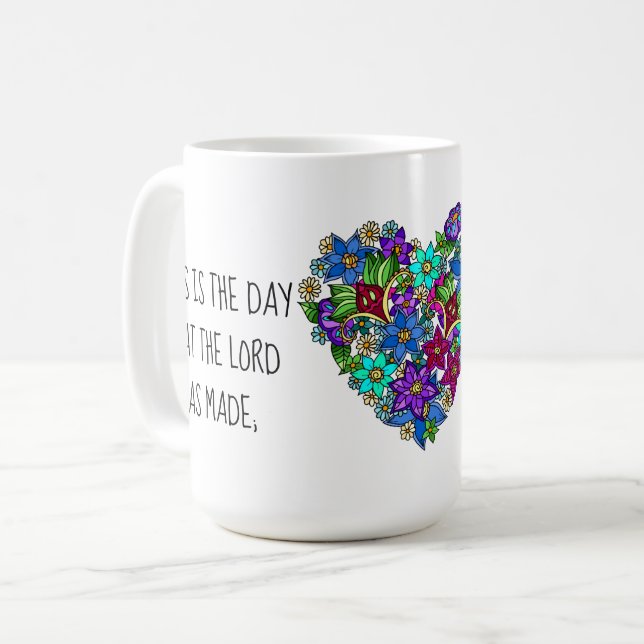 Gemalte Blume, w Verse aus Psalm 118:24 Kaffeetasse (Vorderseite Links)