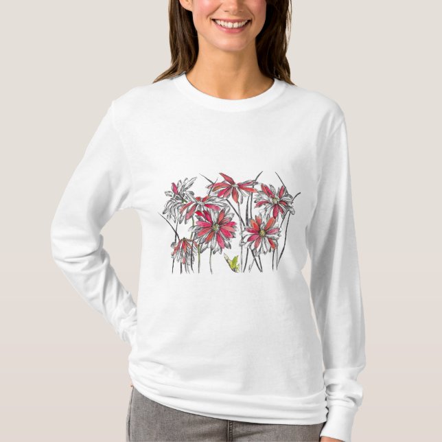 Gemalte Daisy-Blume Botanische Kunstfarben Zeichne T-Shirt (Vorderseite)