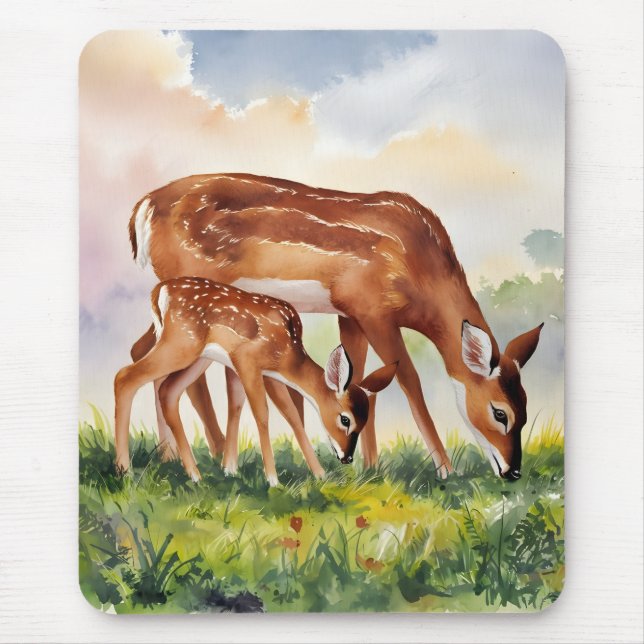 Gemalte Hirschmutter und -baby Mousepad (Vorne)