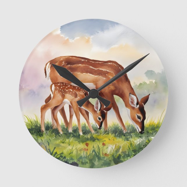 Gemalte Hirschmutter und Baby Runde Wanduhr (Vorderseite)
