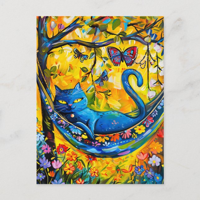Gemalte Katze in Hängematte unter Bäumen mit Schme Postkarte (Vorderseite)