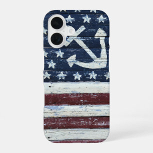 Gemalte USA-Flagge und Anker auf Holz iPhone 16 Hülle