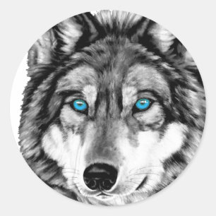 Gemalte Wolfgrayscale-blaue Augen Runder Aufkleber
