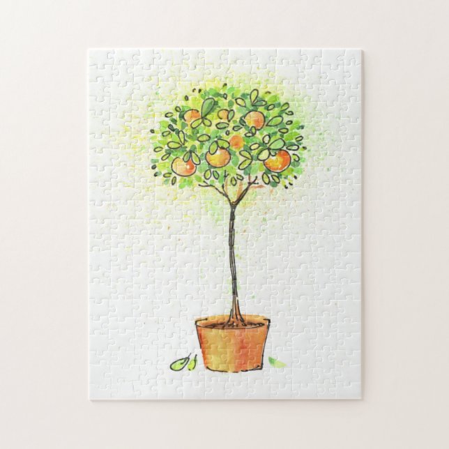 Gemalter Aquarellzitrusfruchtbaum im Topf Puzzle (Vertikal)