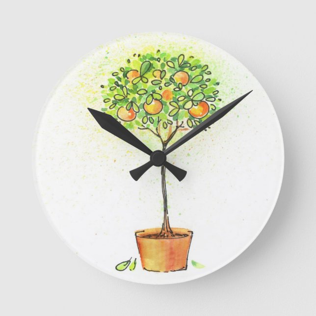 Gemalter Aquarellzitrusfruchtbaum im Topf Runde Wanduhr (Vorderseite)