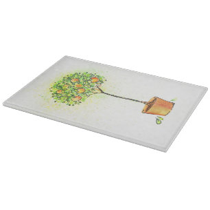 Gemalter Aquarellzitrusfruchtbaum im Topf Schneidebrett